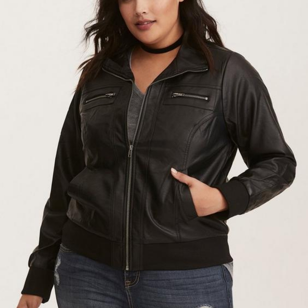 Plus-Size Black Faux Leather Bomber Jacket